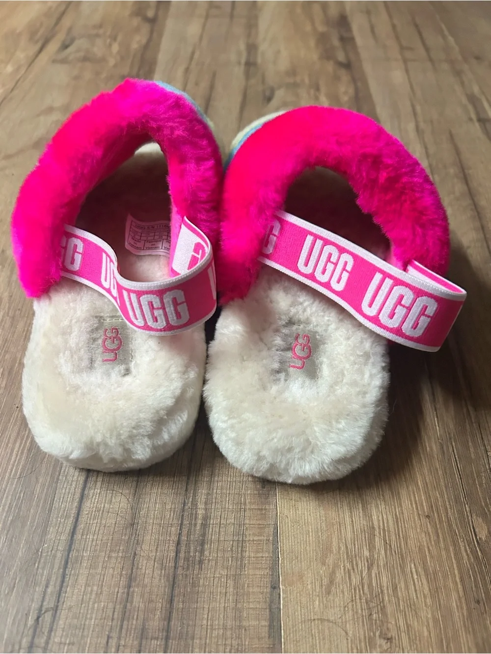 Ugg Fluff Yeah Slide Slipper Sandal Fuzzy Rainbow Neon Sling Back Girls 3